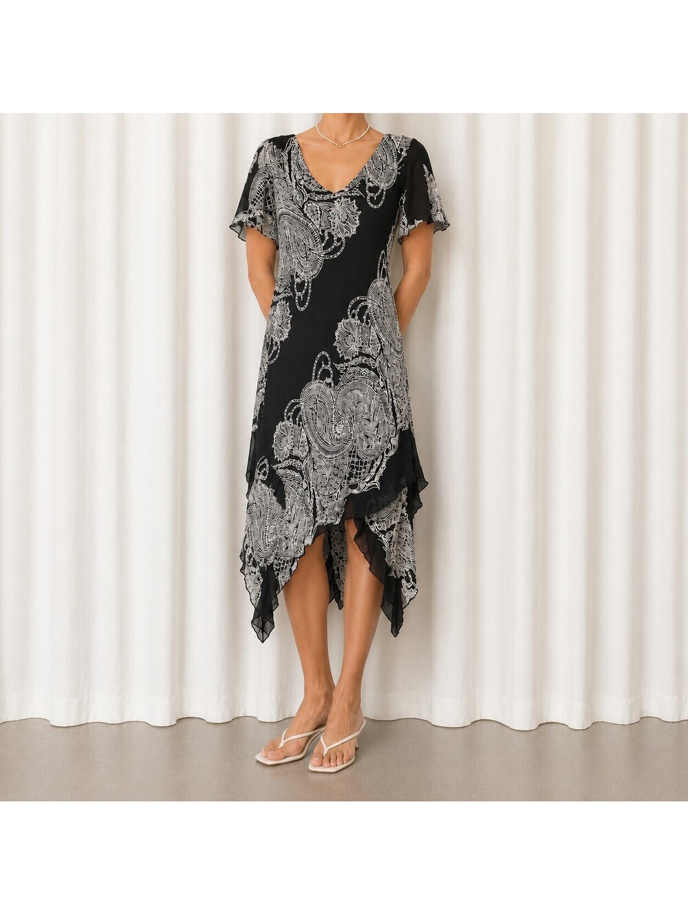Eva Blue Fairy Beaded Black and White Floral Handkerchief Hem Dress Size 16